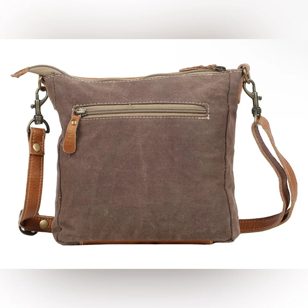 NWT Myra Bag Leather Brown and Tan Patterned w/ Canvas Crossbody Bag - Picture 2 of 9